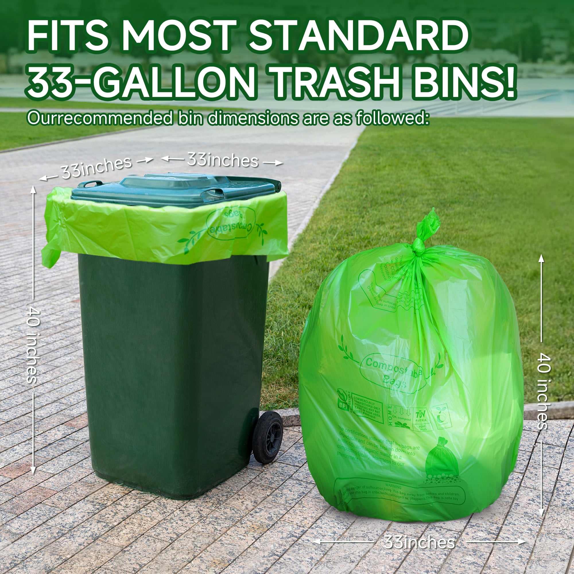 JENCENBIO Compostable garbage bags, 33 Gallon, Extra Thick, 28 Micron Food scrap waste bags with US BPI ASTM D6400 and Europe OK compost HOME Certified
