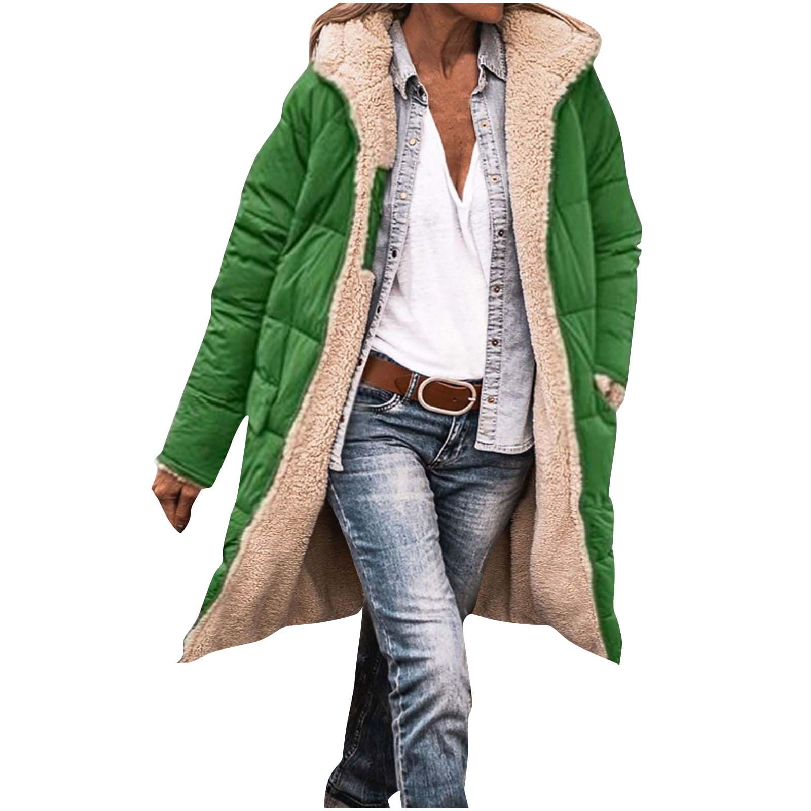 BiZtdJrK Women's Oversized Long Coat Plush Lining Reversible Zipper Puffer Jackets Long Sleeve Hooded Down Outerwear with Pocket 2024 Fall Winter Warm Clothes 90 Percent off Clearance Sale Green M