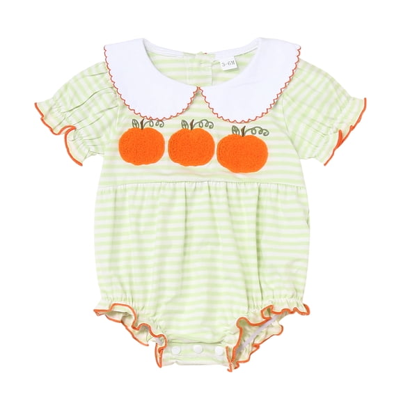Staki Baby Girl Halloween Outfit Pumpkin Bubble Romper Short Puff Sleeve Bodysuit Fall Baby Smocked Clothes(Green,6-12 Months)