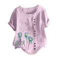 thumbnail image 2 of Pntutb Tallas grandes Mujer Manga corta Algodón Lino O-cuello Botón Estampado Blusa top Camiseta Pntutb Pntutb-4146, 2 of 3