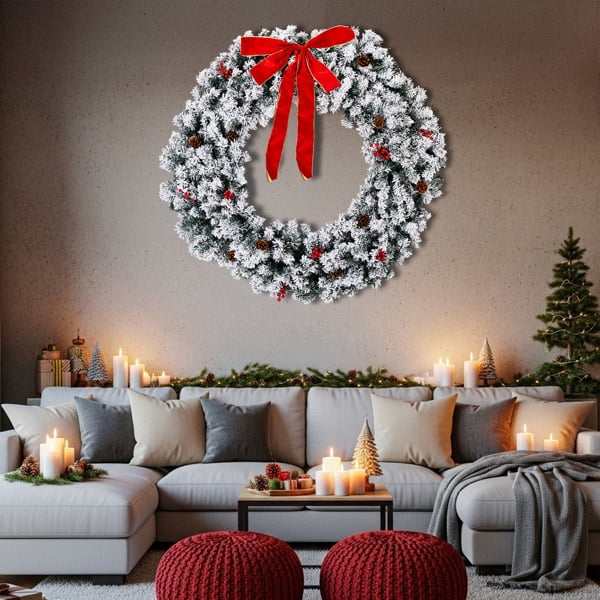Alvantor 48 in Pre-Lit Snow-Flocked Christmas Wreath, 150 Warm White LED Lights, 450 PVC Tips, Remote Control, DIY Ornaments, Snowy Green