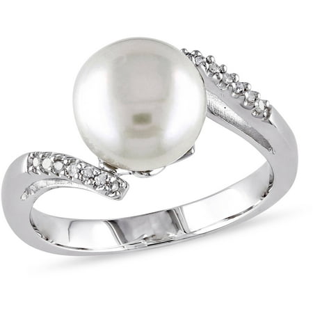 Miabella 9-9.5mm White Button Cultured Freshwater Pearl and Diamond-Accent Sterling Silver Bypass Ring