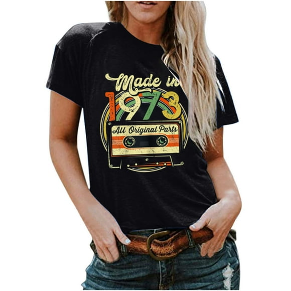 SMihono Womens Tops Summer Dressy Casual Women's Fashion Casual 1973 Printing Round Neck Loose Short Sleeve T Shirt Pullover Tops Oversize T-shirt for women 2023