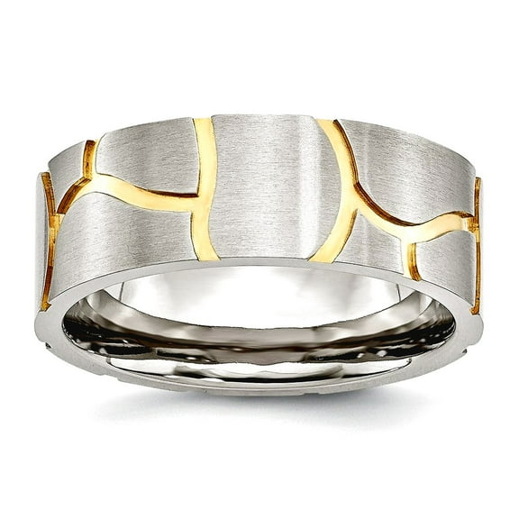 Stainless Steel Satin and Grooved Gold Plated Brushed Mens 8mm Band Ring Size 12 Wedding Band for Men