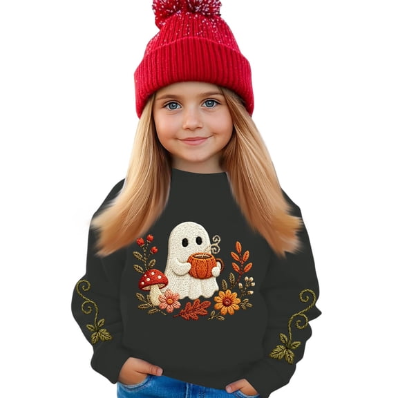 Girls Halloween Graphic Sweatshirt Kids Casual Crewneck Pullover Long Sleeve Printed Fall Sweatshirt for Toddler and Youth