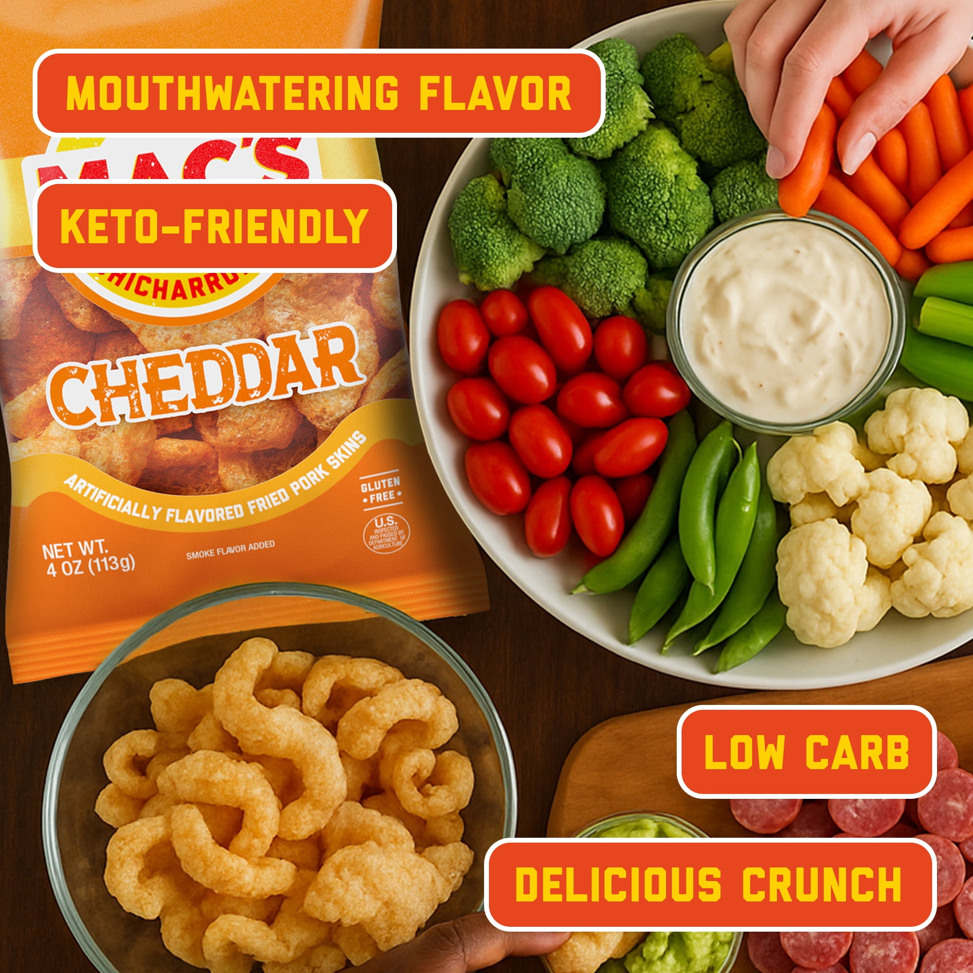 (5 pack) Mac's Chicharrones Cheddar Flavored Pork Rinds, Pork Skins, 4 oz Bag
