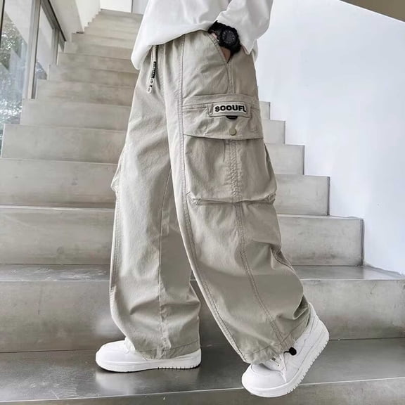 ITSAME Teen Boys Cargo Pants Drawstring Elastic Waist Multi-Pocket Fashion Casual Wide Leg Pants Beige Size 14