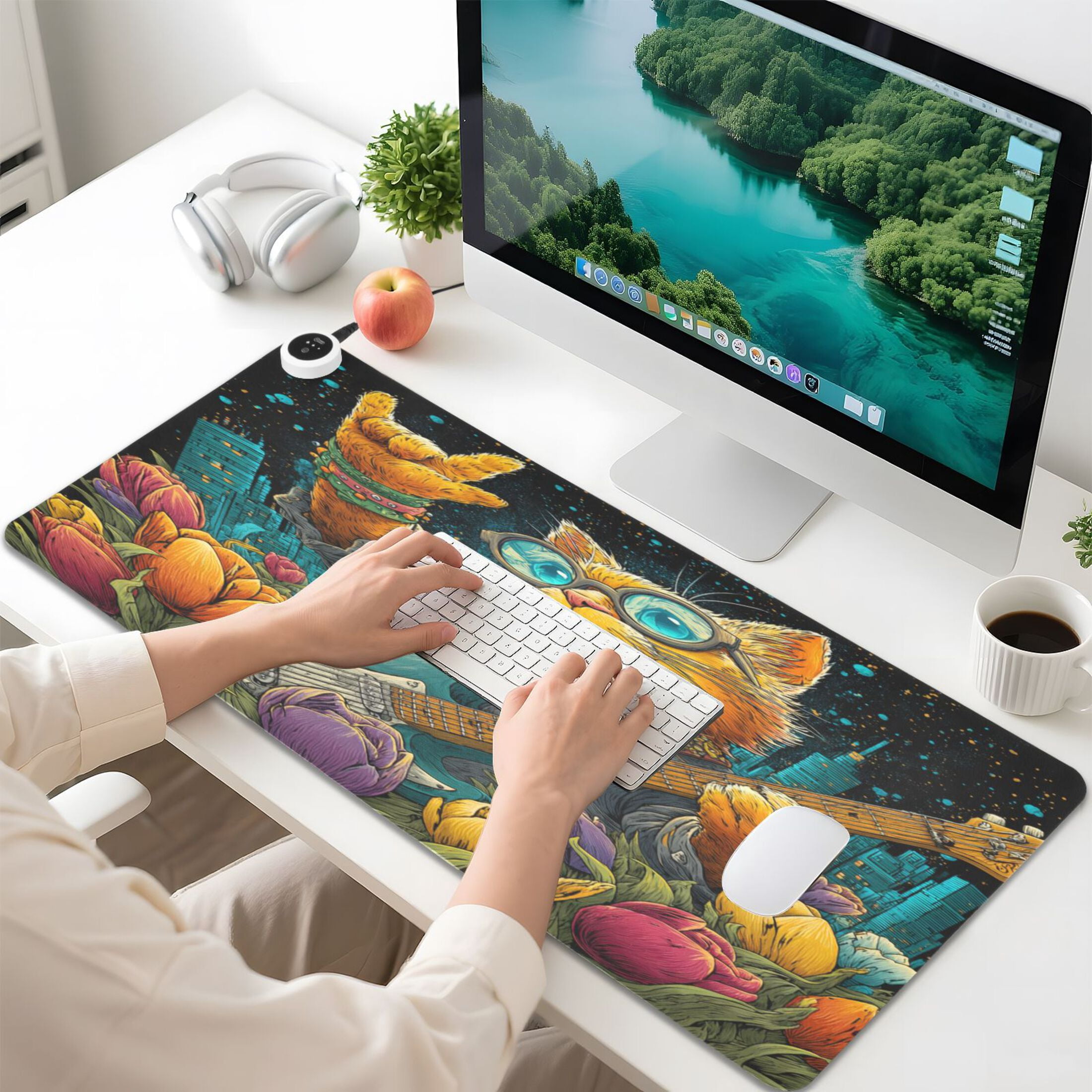 Large Heated Desk Mat Mouse Pad 31.5"x13"PU Leather Graphene Heating Desk Warmer with 3 Temperature Settings 110V US Plug Non-Slip Warm Pad for Home, Office, and Gaming Guitar Playing Cat