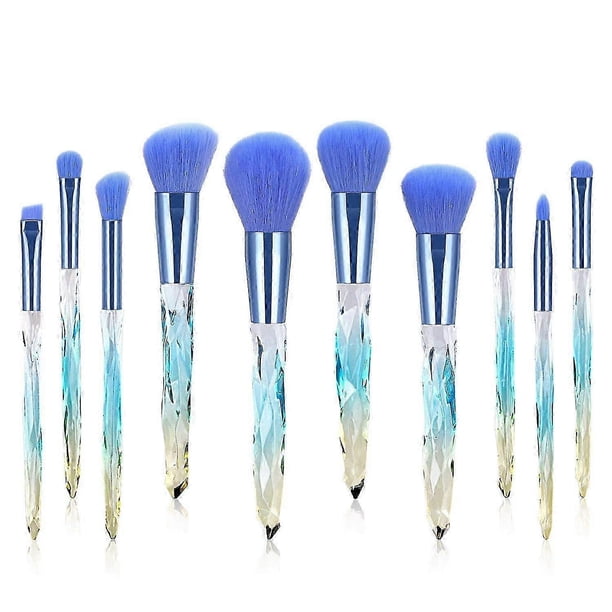 10 in 1 Professional Premium Crystal Style Diamond Cut Handle Makeup Brushes with Holographic Makeup Bag (BLUE)