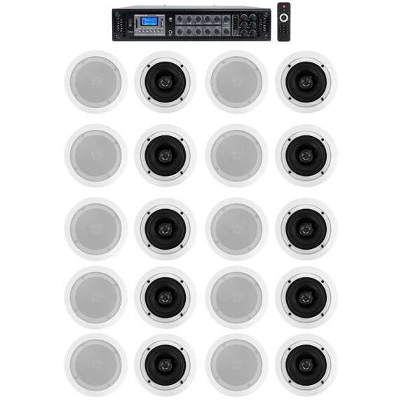 Rockville 6-Zone 70v Amplifier (20) 5.25" White 2Way Restaurant Ceiling Speakers