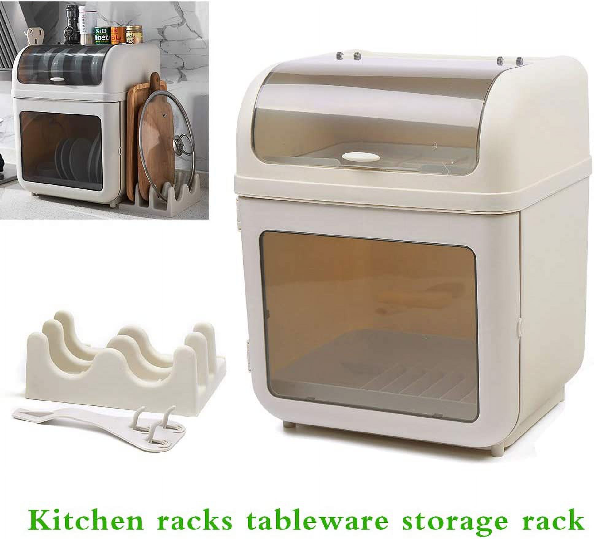 2-Tier Dish Drying Rack, Cup Dish Storage Box and Drain Board with Lid Cover, Kitchen Bottle Dryer Holder with Pot Lid Rack and Hook, 12.9 x 10.6 x 16.1in Counter Plate Cup Tray Cutlery Drainer