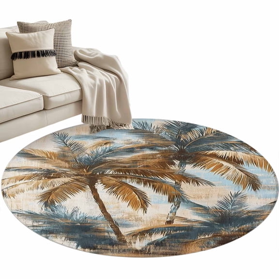 Navy Blue Brown Palm Tree 3ft Area Rug, Tropical Leaves Vintage Washable Non-Slip Small Round Rugs for Entryway Bedroom Kitchen, Soft Circle Carpet for Dining Room, Playroom Nursery Rug