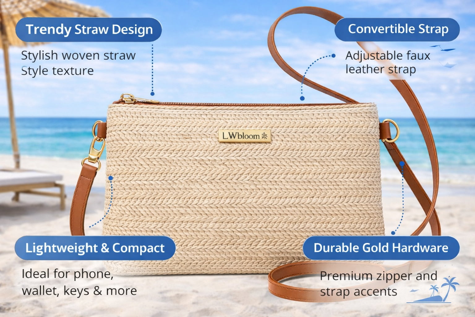 LwBloom Woven Straw Crossbody Purse for Women – Summer Beach Clutch Handbag with Adjustable Strap, Lightweight Vacation Shoulder Bag, Natural Beige