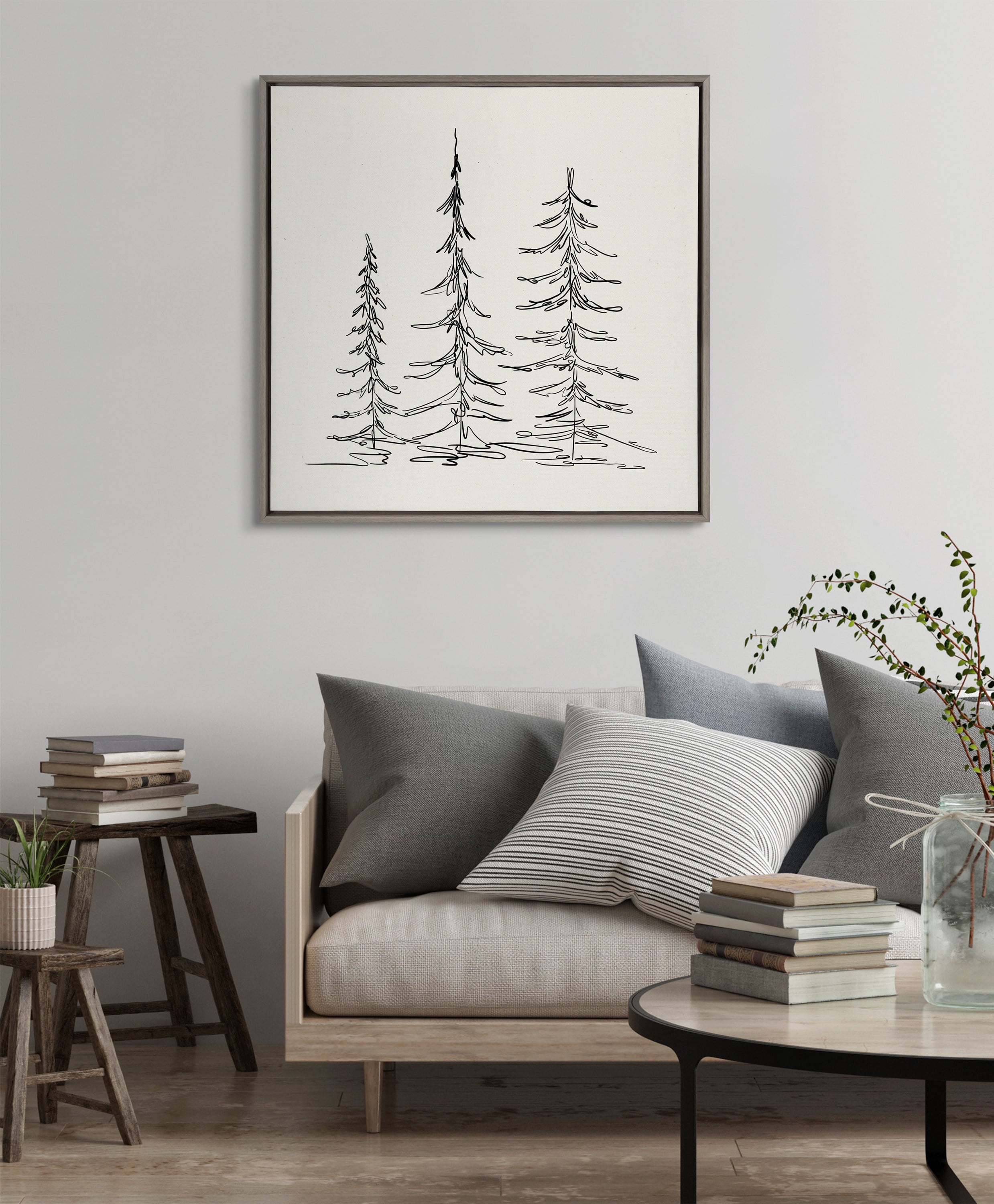 Kate and Laurel Sylvie Minimalist Evergreen Trees Sketch Framed Canvas Wall Art by The Creative Bunch Studio, 30x30 Gray, Chic Modern Art for Wall