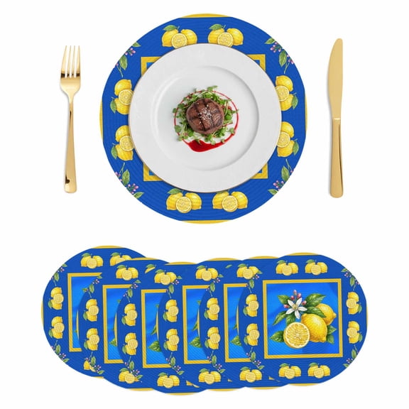 Yellow Lemons Round 15 Inch Placemats Set of 6, Summer Botanical Blue Modern Art HeatResistant Non Slip Place Mats for Dining Table, Wipeable Braided Kitchen Table Mats for Housewarming
