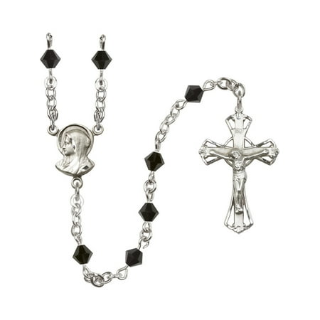 - Sterling Silver Rosary 5mm Jet Swarovski Rundell-Shaped beads Crucifix sz 1 1/4 x 3/4. Madonna medal charm