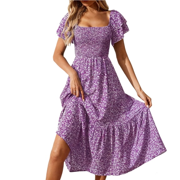 Cekizud Dresses for Women Square Neck Puff Sleeve Midi Dress with Ruffle Hem and Elastic Waist,Size S-XL