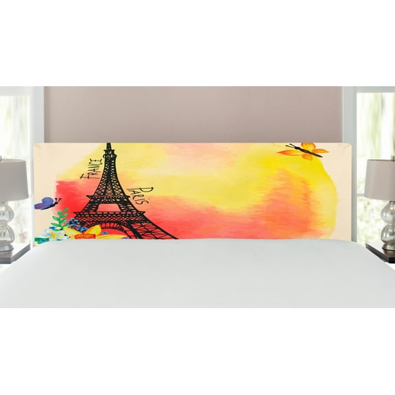 Paris Headboard, Romantic Floral Watercolor Image Eiffel Butterfly Historical French Heritage Art, Upholstered Decorative Metal Bed Headboard with Memory Foam, King Size, Multicolor, by Ambesonne