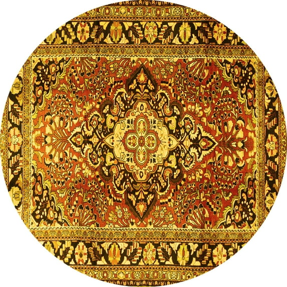 Ahgly Company Machine Washable Indoor Round Medallion Yellow Traditional Area Rugs, 8' Round