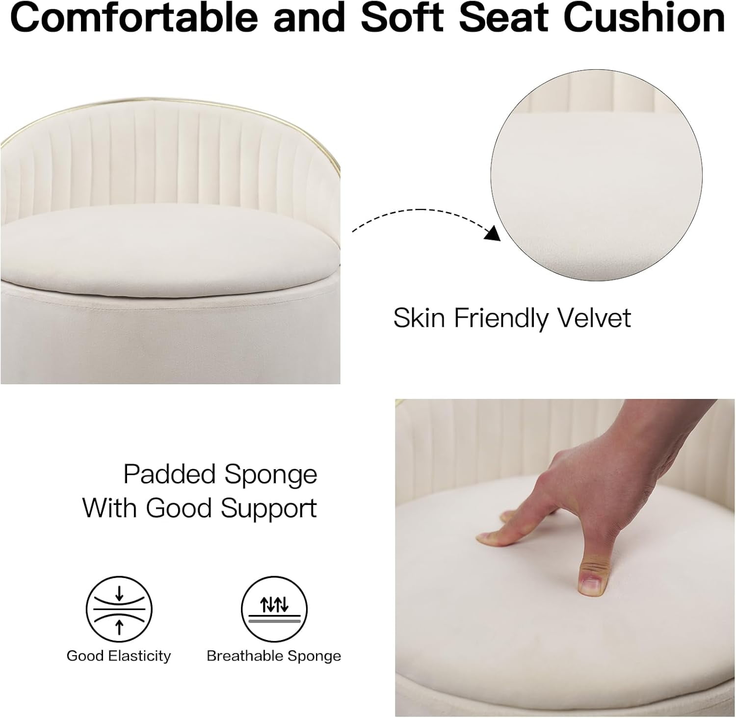 Round Storage Ottoman, Upholstered Velvet Vanity Stool with Lumbar Support, Swivel Rolling Wheels, Small Foot Stools Coffee Table Padded Seat for Makeup Room, Living Room, Bedroom Beige