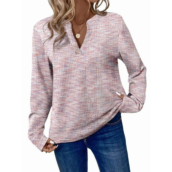 Womens Waffle Knit Tops V Neck Long Sleeve Shirts Henley Dresy Casual Blouses Fall Outfits 2025 Pink S