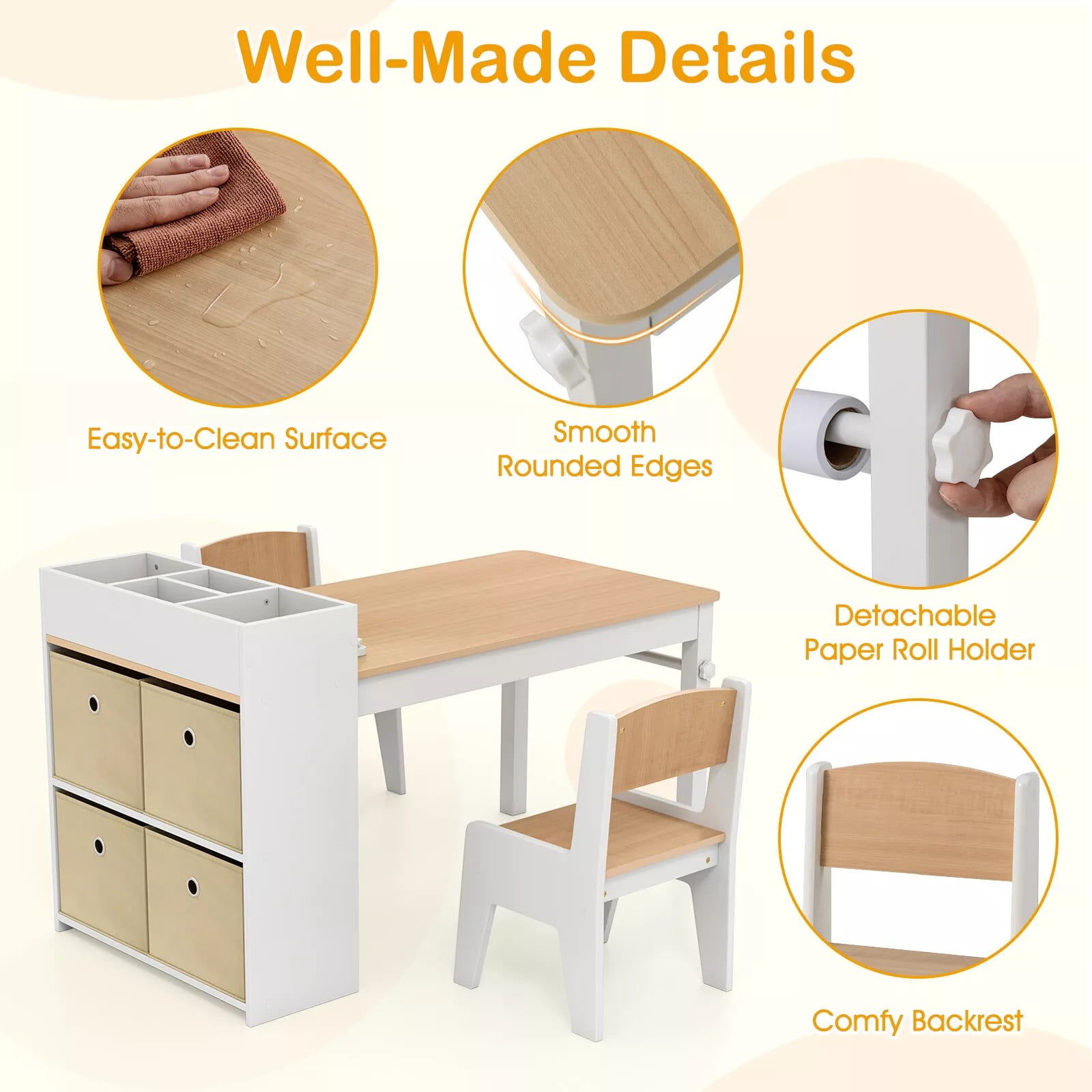 Auranook Kids Art Table and Chairs Set, Drawing Table with 2 Chairs, Storage Compartments & Open Shelves, 4 Fabric Bins