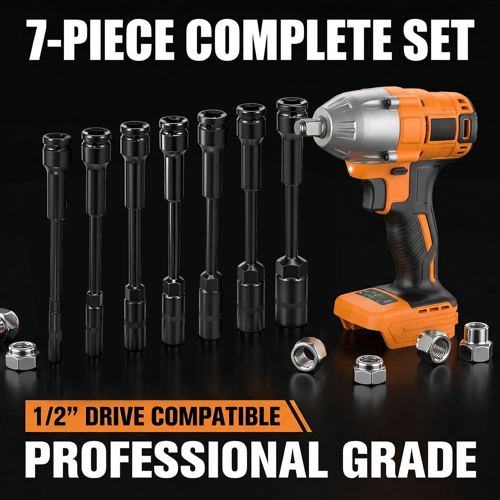 1/2" Drive Impact Socket Set 7 Piece Metric 8-19mm Steel Heavy Duty Impact Socket for Electric Wrench (Black)
