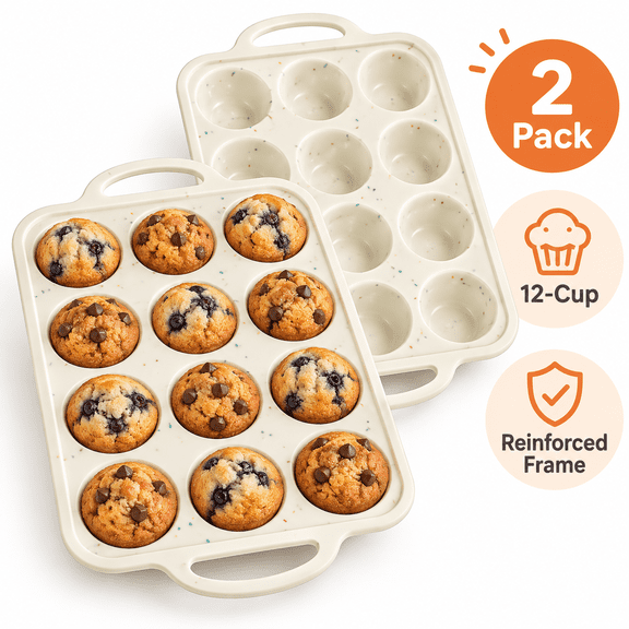 Himonut Silicone Muffin Pans for Baking, 2 Pack 12-Cup Muffin Pan & Cupcake Pan with Metal-Reinforced Frame