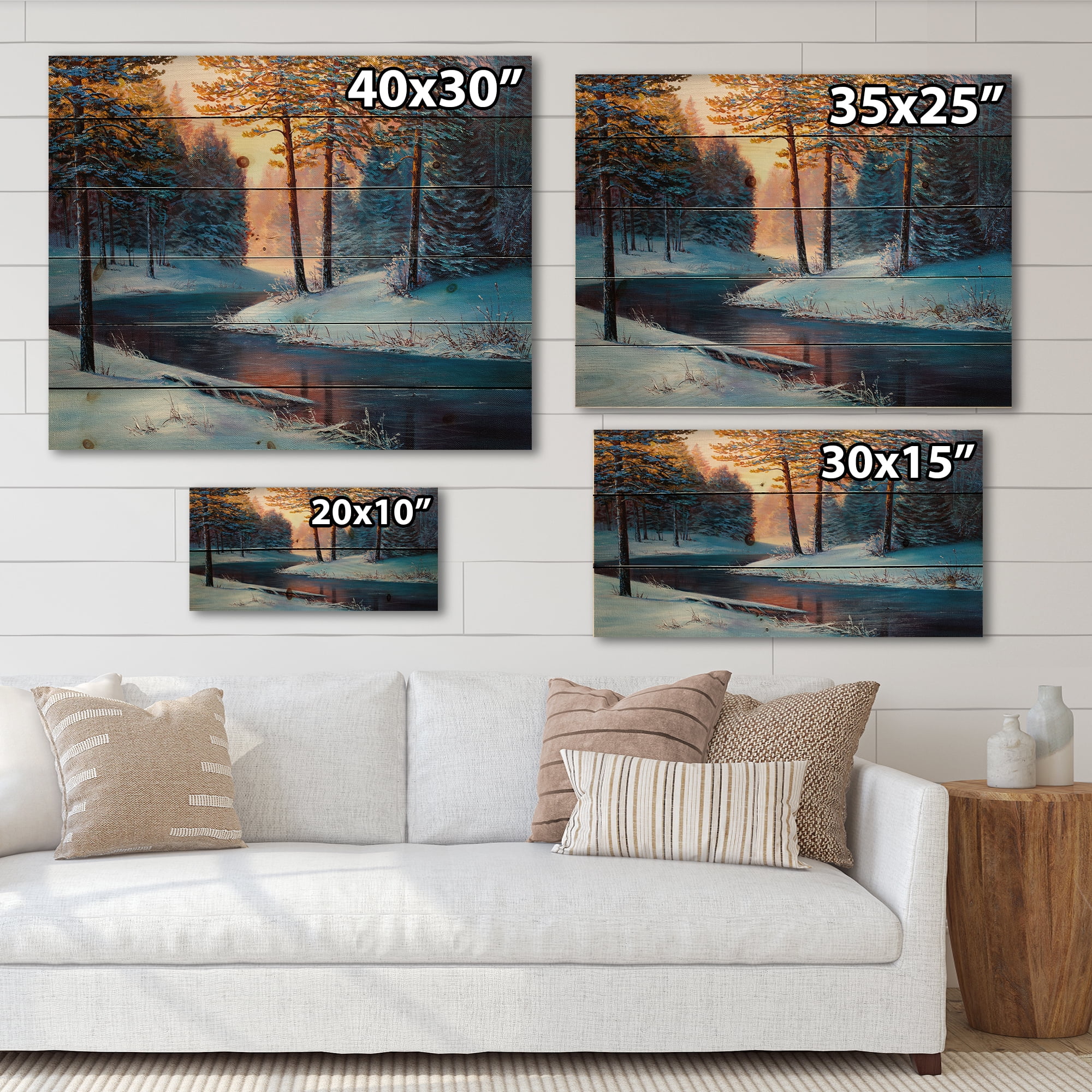Designart 'Morning Glow Through The Christmas Forest By The River' Lake House Print on Natural Pine Wood