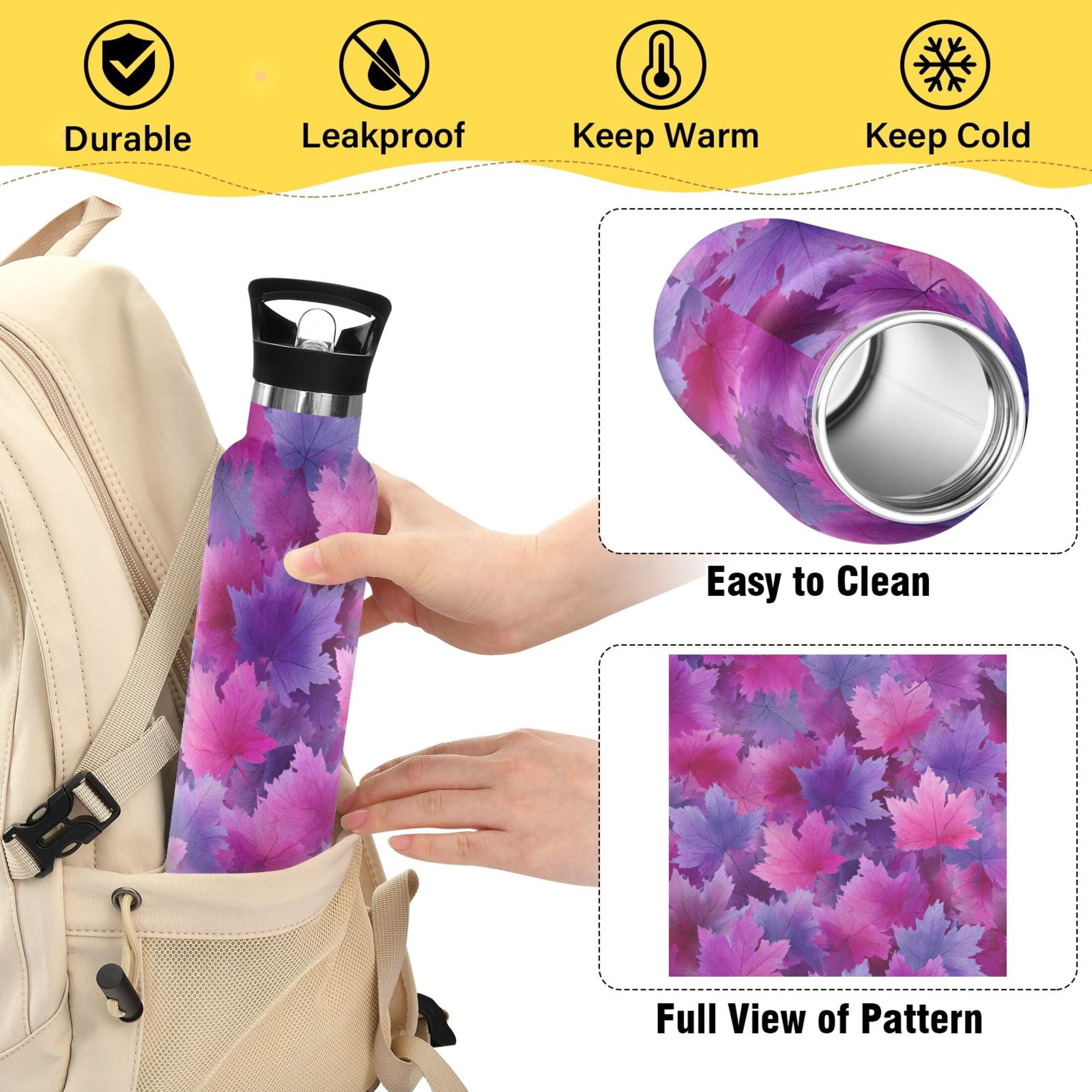 600ML Stainless Steel Insulated Cup Sports Water Bottle Portable Thermos Cup Water Glasses Insulated Tumblers Convenient and Durable Cartoon Purple Maple Leaves