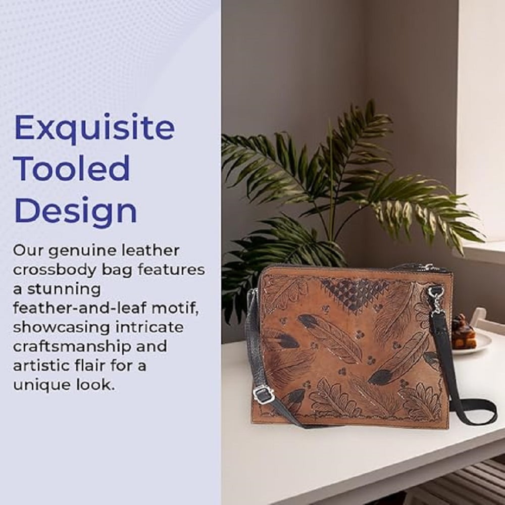 Sagefinds Genuine Leather Crossbody Bag for Women - Designer Feather - Floral Tooled Purse -7"x9"