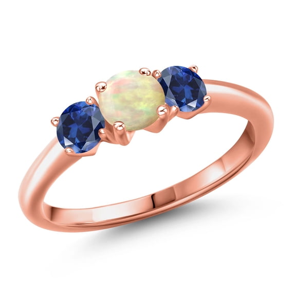 Gem Stone King 18K Rose Gold Plated Silver White Ethiopian Opal and Blue Created Sapphire Engagement Ring for Women | 0.80 Cttw | Round Cabochon 5MM | Gemstone October Birthstone | Size 5