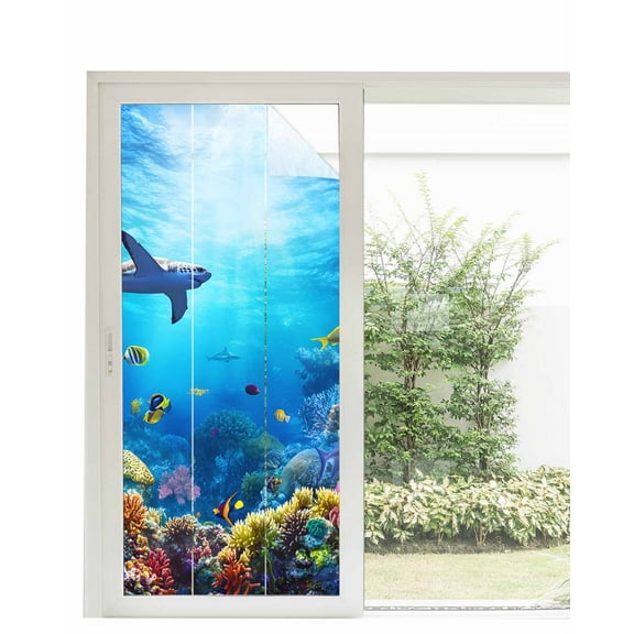 Window Privacy Film Shark Stained Glass Window Film Decorative Sun Block Window Cover Blue Ocean Underwater Animal Coral Tropical Fish Window Clings Static Adhesive Sticker for Bathroom 35.4"x78.7"