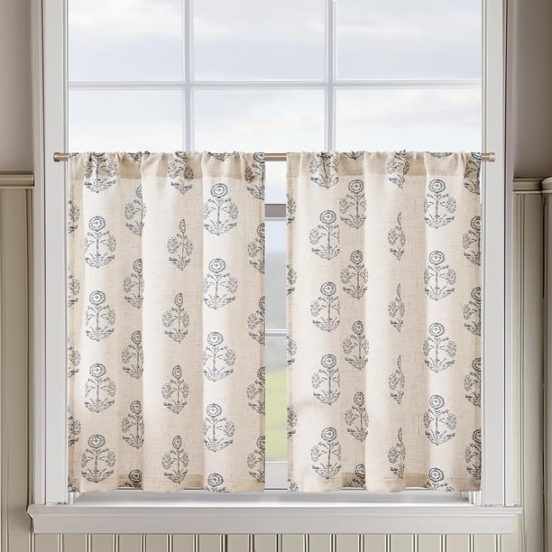 Cortina Jinchan 66x91 cm de Lino con Estampado Floral en Dos Paneles