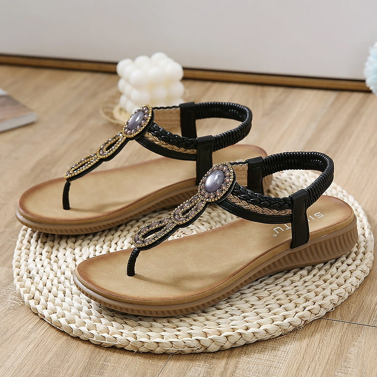 Aayomet Women's Sandals Womens Wedges Shoes Elastic Band Casual Bohemian  Sandals Boho Beach Sandals Flip Flops Shoes,Black 8