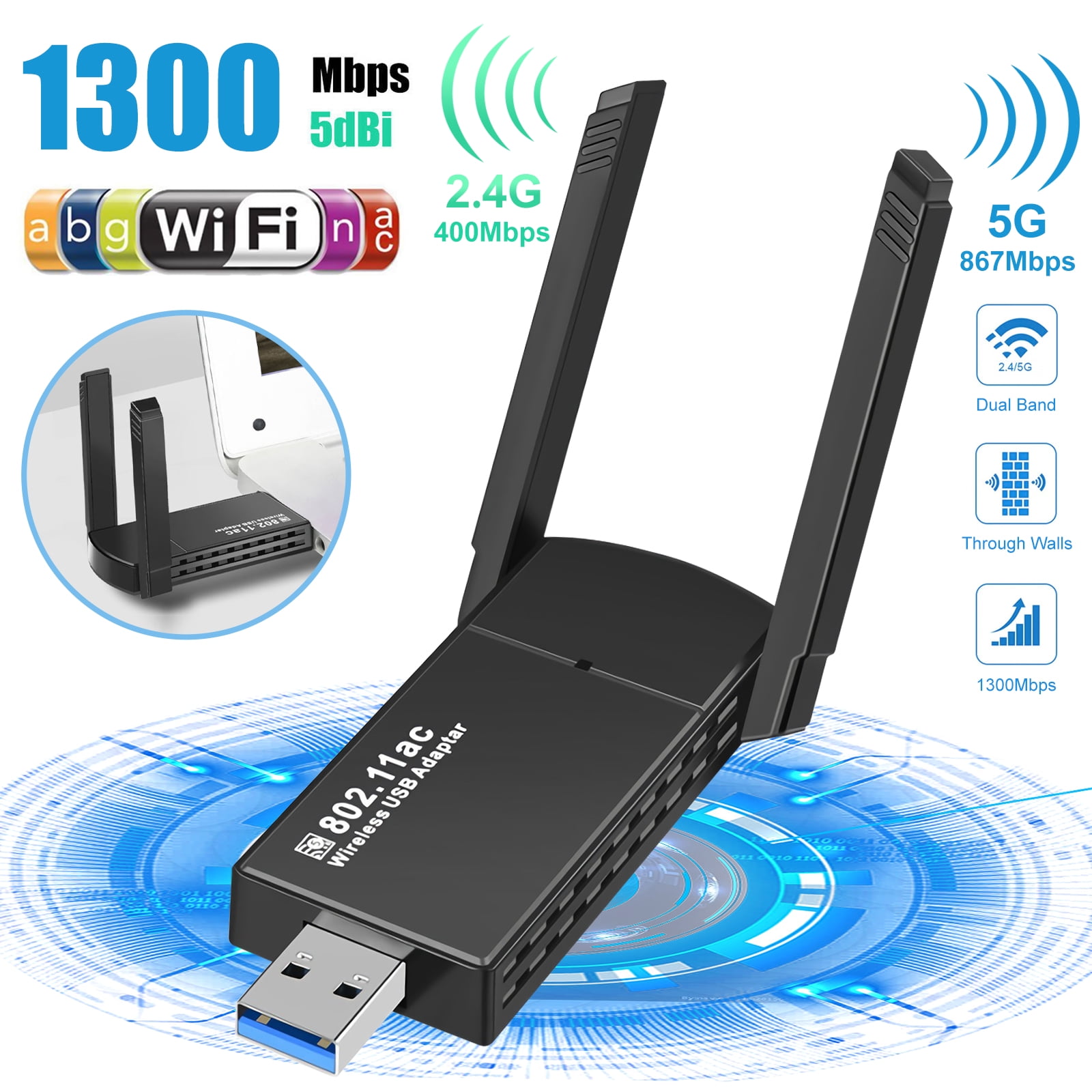 1300Mbps, 1300Mbps Black Wireless USB WiFi Adapter 1200Mbps Dual Band 2.4GHz/300Mbps 5GHz/867Mbps High Gain Dual 5dBi Antennas Network WiFi USB 3.0 for Desktop Laptop Stick 