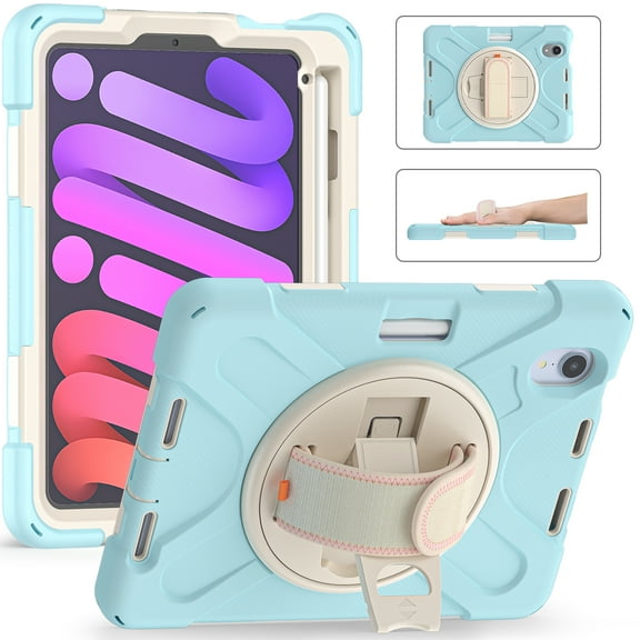Portable Rugged Case for 2021 Apple iPad Mini 8.3-Inch (6th Generation 2021 Release) - Rotating Stand Case with Hand Strap, Built-in Pencil Holder, Shockproof Hard Cover (Light Blue)