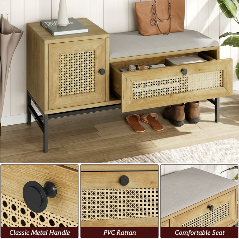 Rattan Shoe Bench Entryway Bench with Storage Drawer and Cabinet