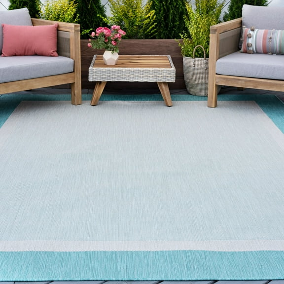 5x8 Water Resistant, Indoor Outdoor Rugs for Patios, Front Door Entry, Entryway, Deck, Porch, Balcony | Outside Area Rug for Patio | Aqua, Solid Border | Size: 5'3'' x 7'3''