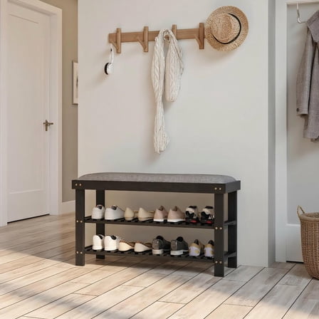 Resenkos Bamboo 3-Tier Shoe Storage Bench, Entryway Bench with Cushion, Organizer for Hallway - Black