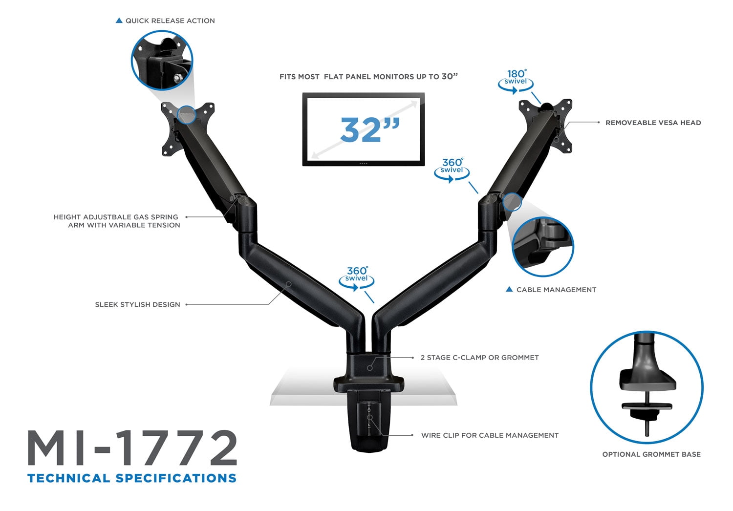 Mount-It! Height Adjustable Dual Monitor Desk Mount,  13"-32" Monitors
