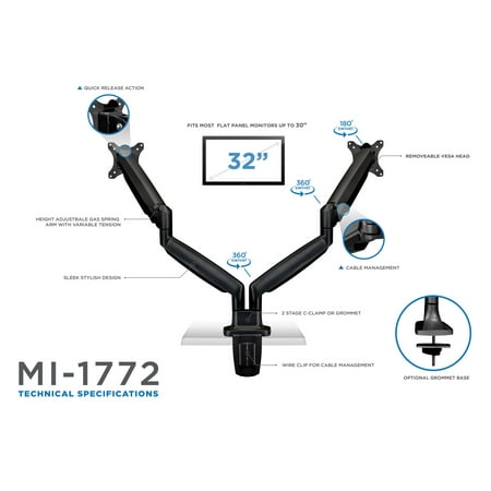 Mount-It! - Full Motion Dual Monitor Desk Mount With Gas Spring Arms - Black