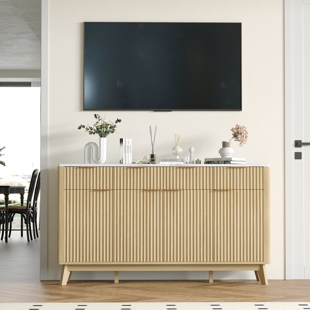 60 Inch Farmhouse Fluted Sideboard Buffet Cabinet, Wooden Storage Console with Drawers and Adjustable Shelves, Multi-use Coffee Bar for Kitchen and Living Room