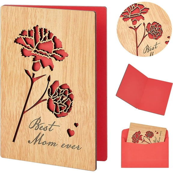 Mothers Day Wooden Card Best Mom Ever Wood Card with Carnation Design Handmade Greeting Cards Birthday Gift Card for Mother's Day Valentine's Day Wedding Anniversary Easter DIY Flower