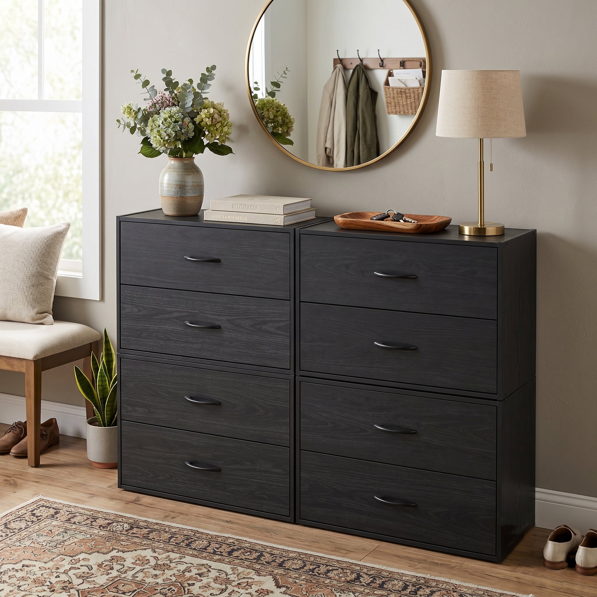 Prilinex 2 Drawer Dresser for Bedroom Set of 4, Stackable Storage Drawers Closet Organizers and Storage, Modern Wood Dressers with Anti-Tip for Bedroom, Living Room, Black