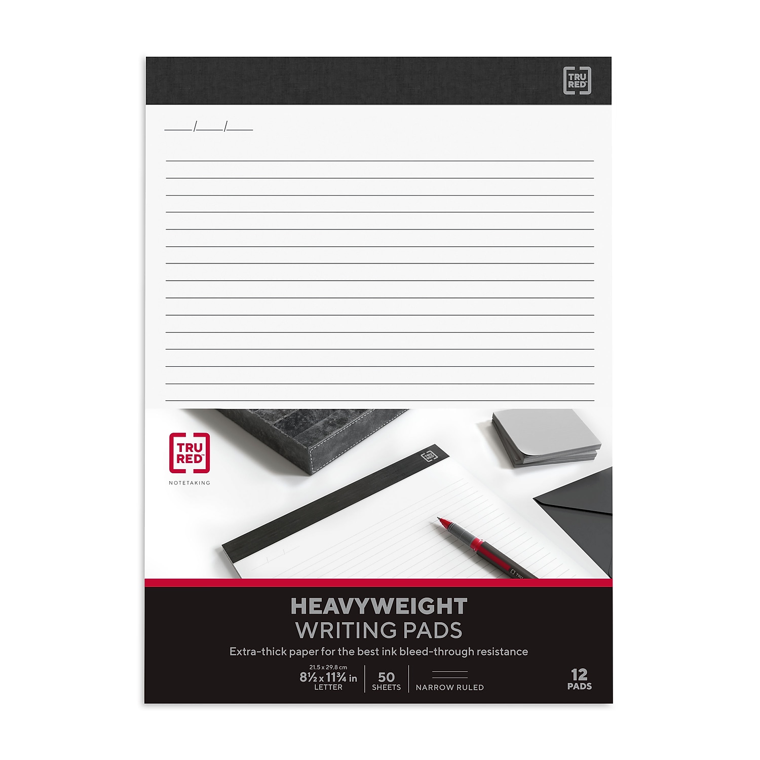 Staples TRU RED Notepads 8.5" x 11.75" Narrow Ruled White 50 Sheets/Pad 12 Pads/Pack (TR57384)