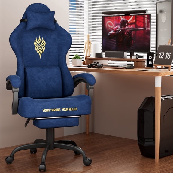Lointain Blue Velvet Fabric Gaming Chair for Adult, Ergonomic Comfortable Office Computer Chair with Footrest, Reclining Video Gamer Game Desk Game Chairs with Massage Lumbar Cushion,Headrest