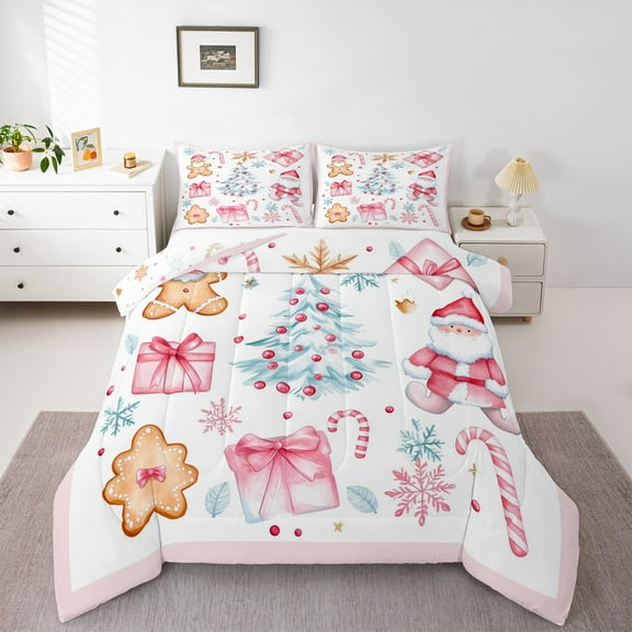 jejeloiu Cartoon Santa Claus Bedding Comforter Set,Chic Christmas Tree Twin Comforter Sets,Sweet Xmas Cookie Bedding Set For Teens,Ultra Soft Home Decor Reversible,2-Piece