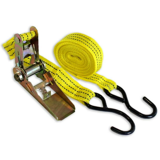Ratchet Tie Down With 1" x 15' Nylon Strap, Heavy Duty Hooks, And All