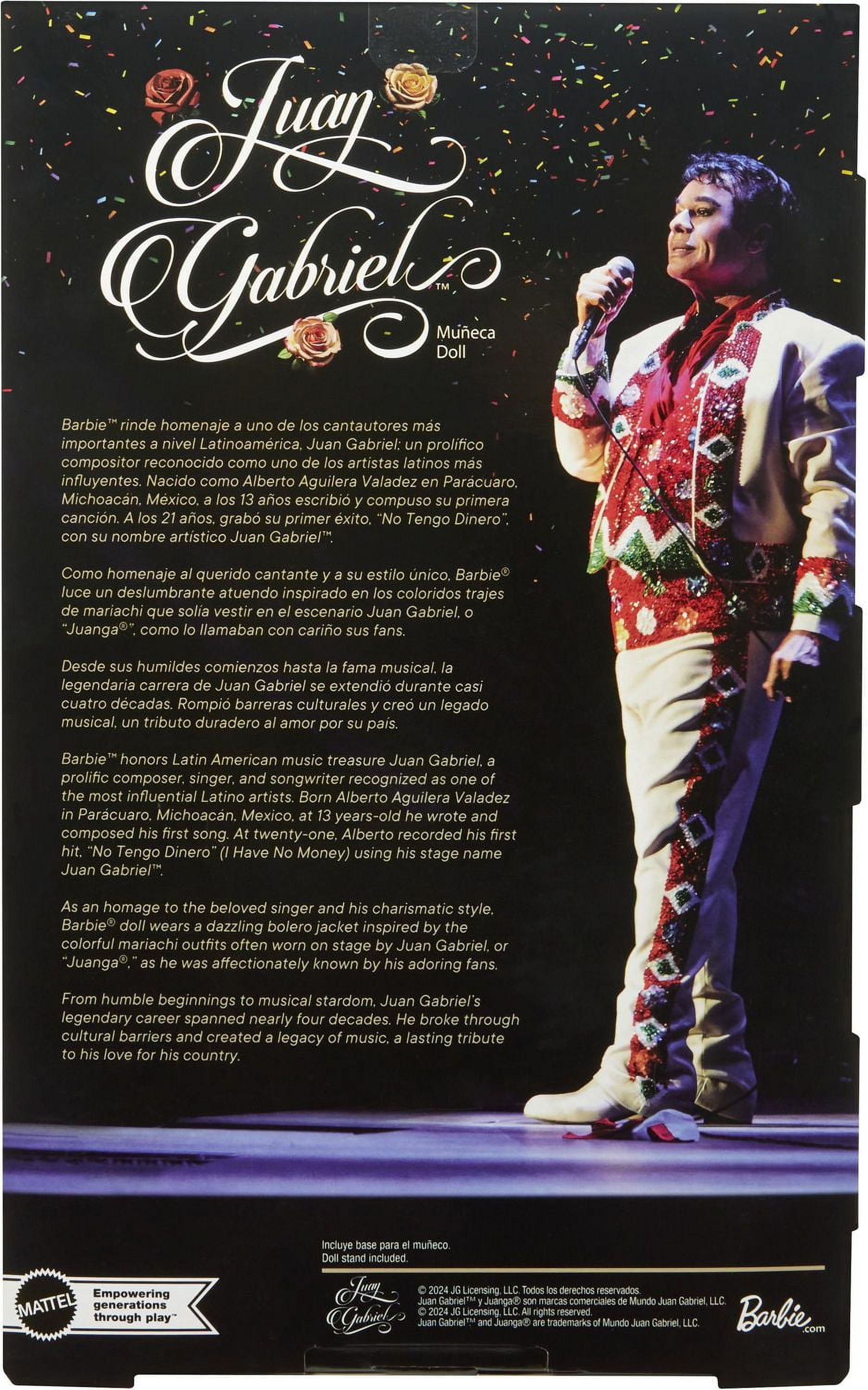 Poupée Barbie Signature, Juan Gabriel de collection vêtue d’une tenue chic noir et or avec veste courte et accessoires dorés